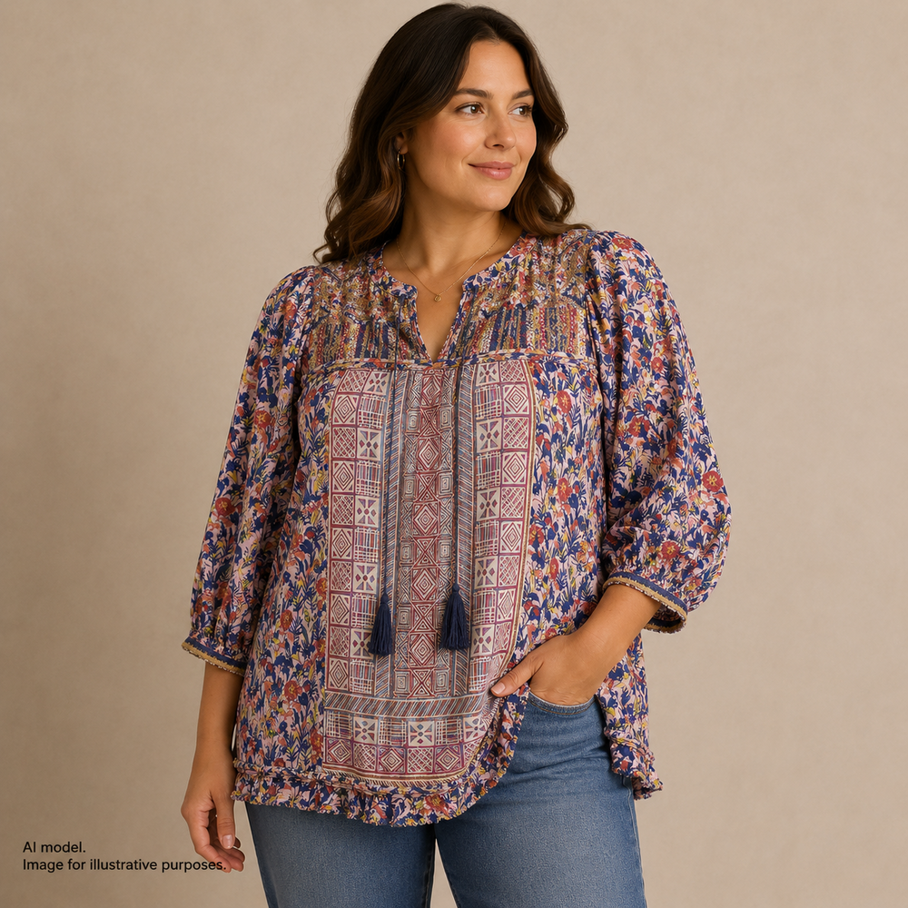 John Mark Shirt Womens Medium Multicolor Boho Floral Embroidered Tassel Top